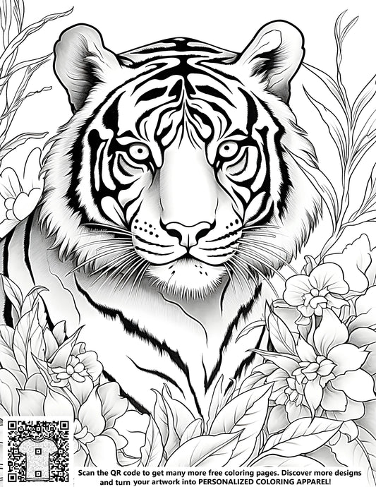 FREE Tiger Coloring Page - Printable Black and White Illustration with Flowers and Leaves