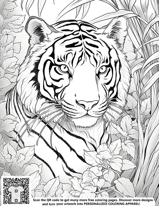 Illustration of a tiger surrounded by jungle foliage, detailed stripes and leaves, black and white coloring page