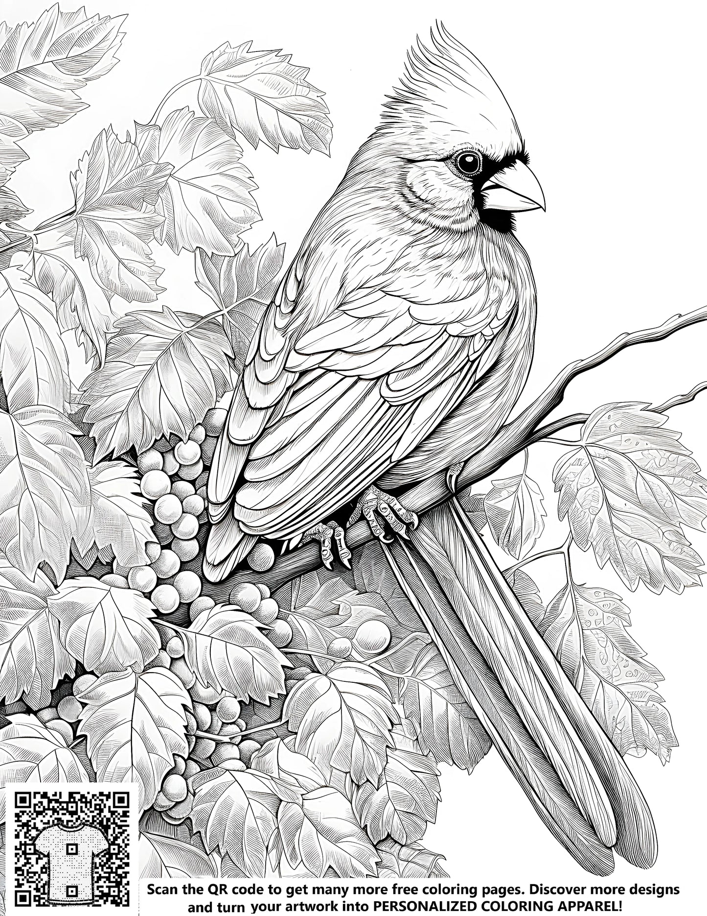 A detailed black and white sketch of a cardinal bird perched on a branch with leaves and berries surrounding it. Free coloring page illustration for adults and kids