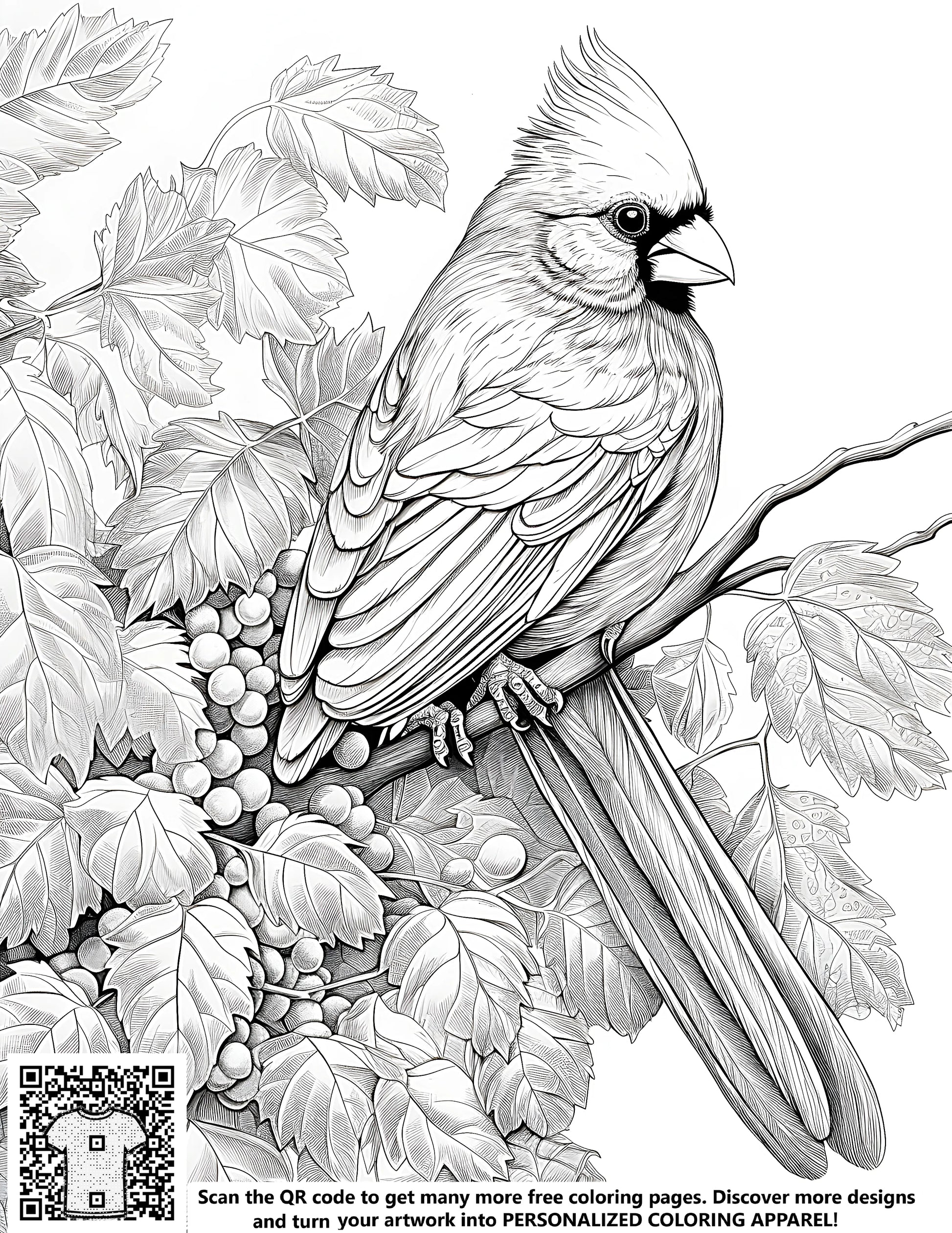 A detailed black and white sketch of a cardinal bird perched on a branch with leaves and berries surrounding it. Free coloring page illustration for adults and kids