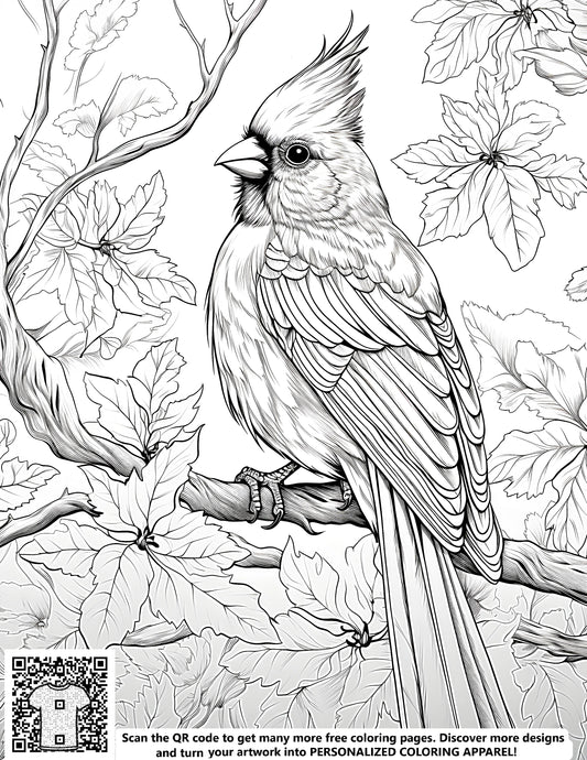 Free songbird coloring page illustration, detailed bird design on a branch surrounded by foliage