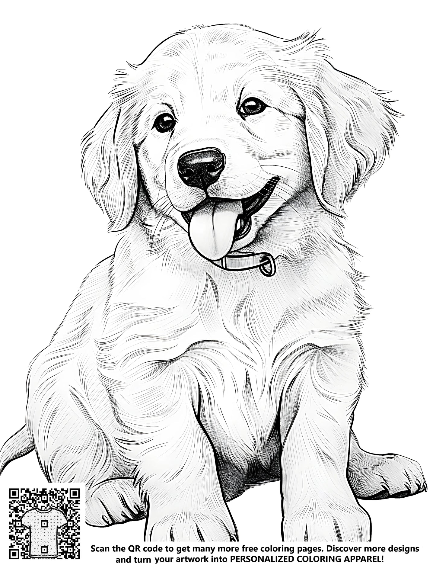 Adorable black and white illustration of a happy golden retriever dog face, free coloring page for kids