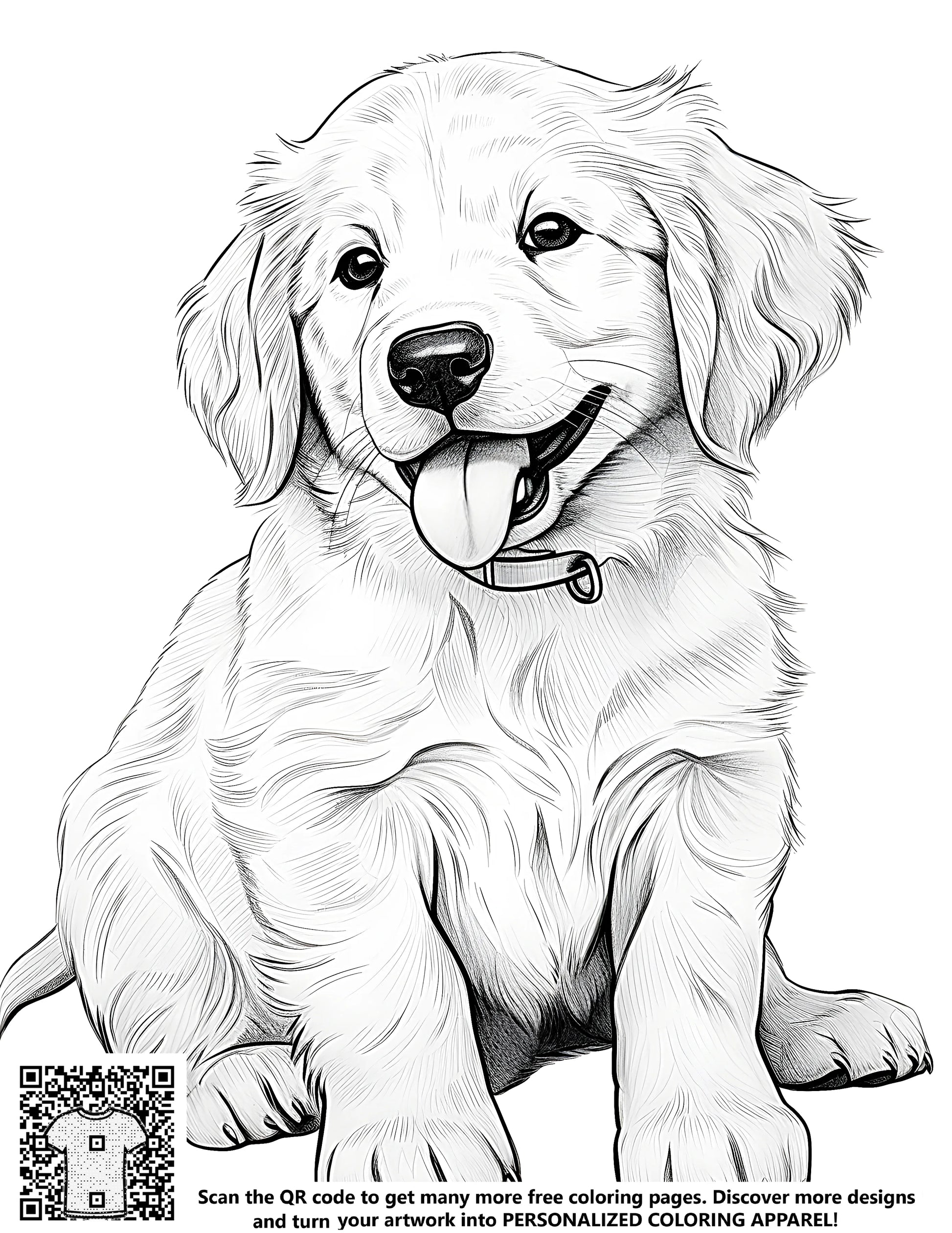Adorable black and white illustration of a happy golden retriever dog face, free coloring page for kids
