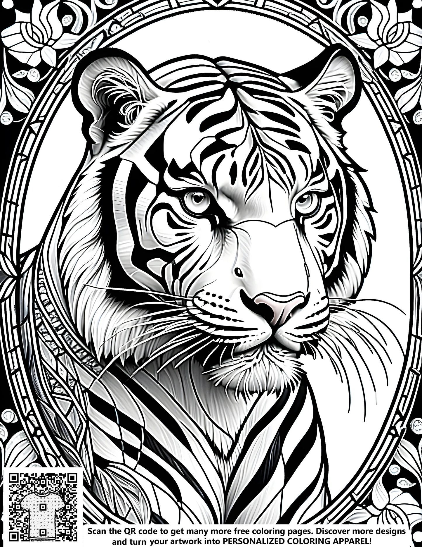 Detailed black and white Tiger illustration coloring page, intricately designed within a beautiful floral frame. Great for kids art activities, homeschooling crafts, or office decor inspiration.
