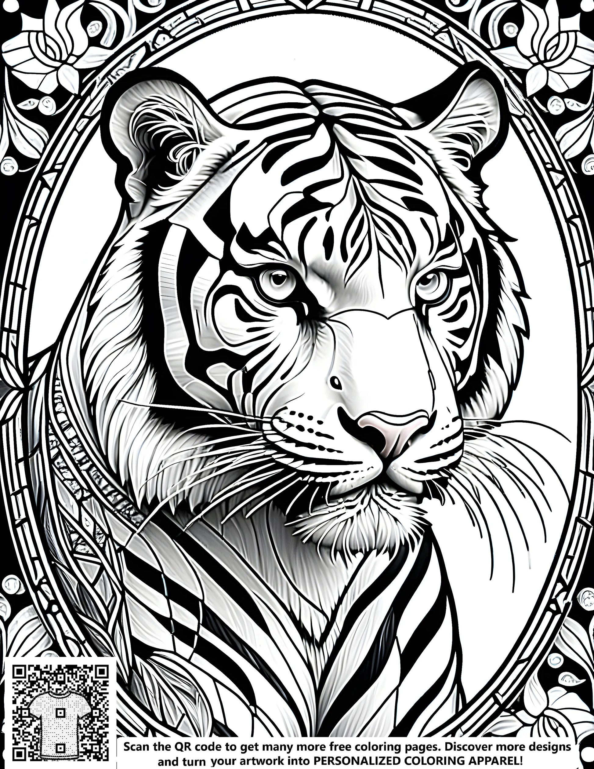Detailed black and white Tiger illustration coloring page, intricately designed within a beautiful floral frame. Great for kids art activities, homeschooling crafts, or office decor inspiration.
