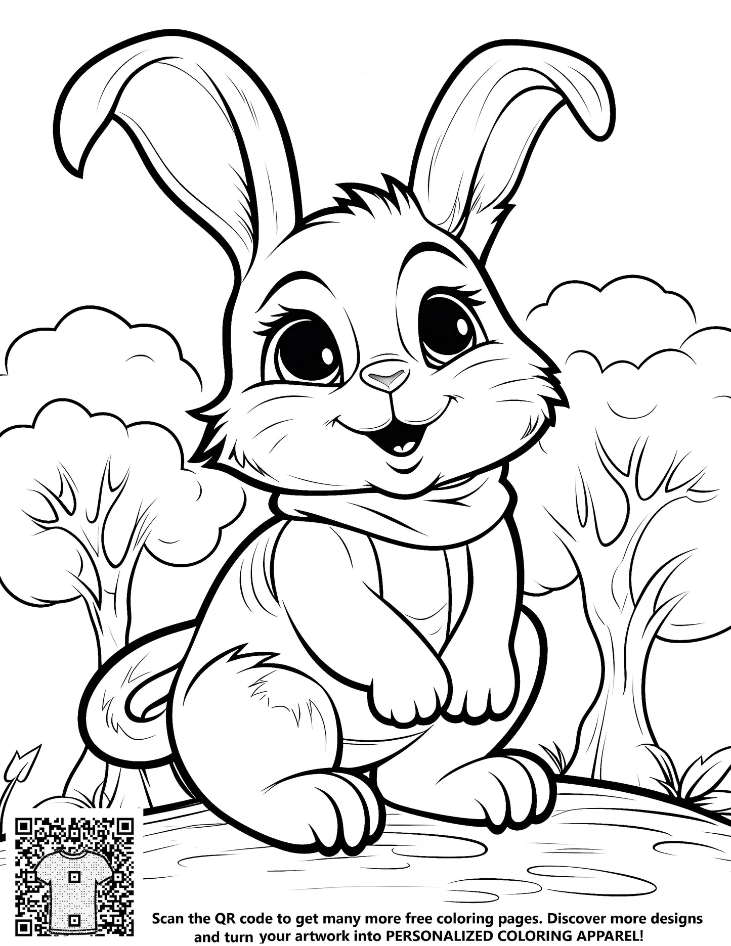 Illustration of an adorable cute bunny with big eyes and a colorful scarf sitting in a whimsical forest surrounded by trees and nature details.