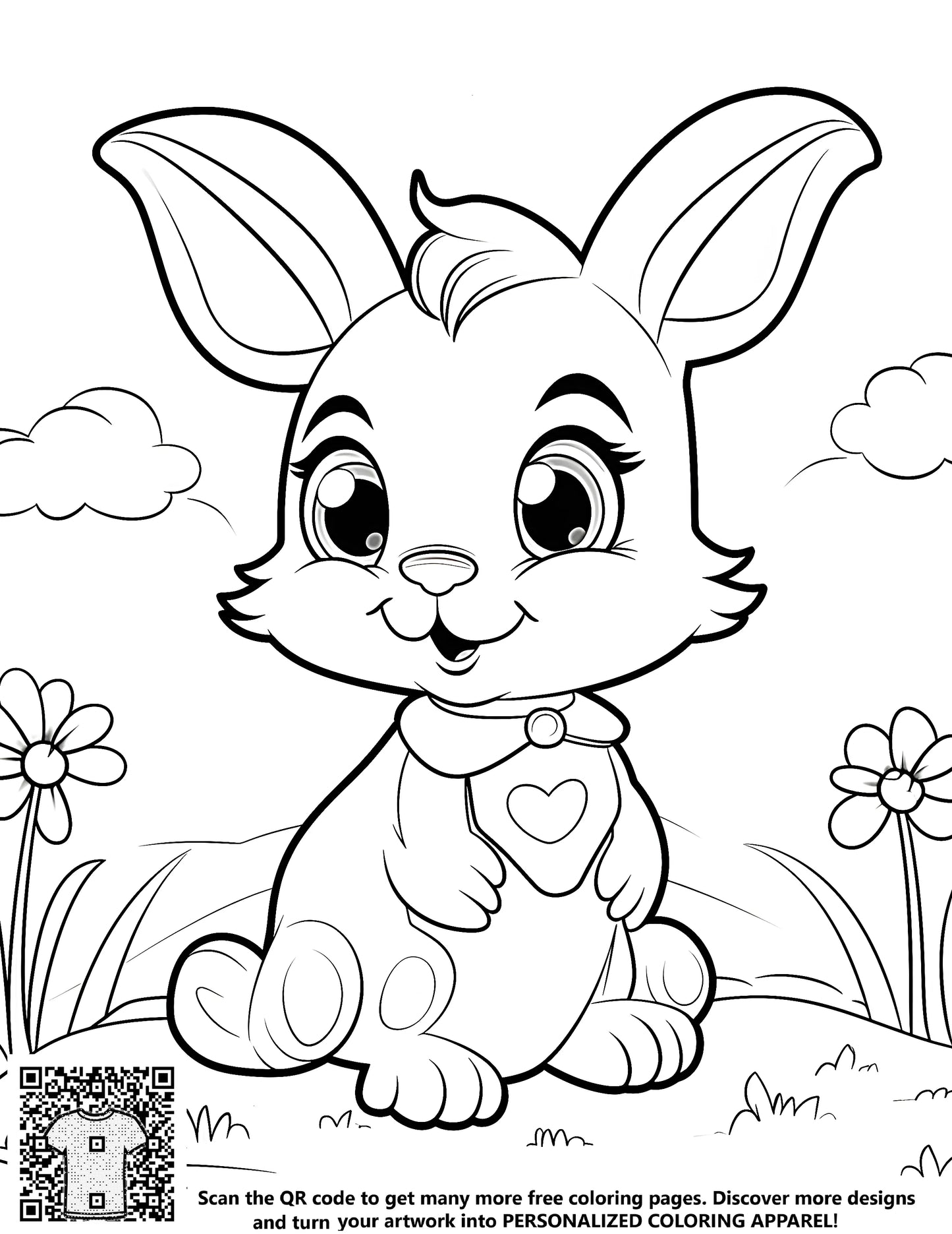 FREE Bunny Coloring Page - Cute Bunny with Heart Collar and Flowers - Printable Download