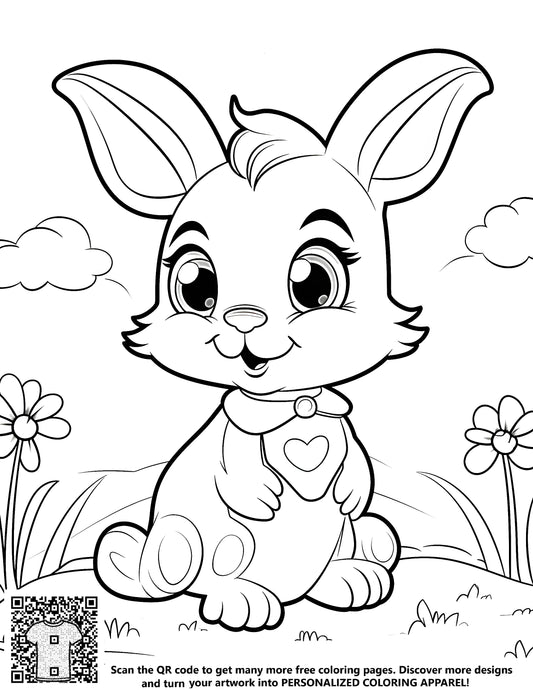 FREE Bunny Coloring Page - Cute Bunny with Heart Collar and Flowers - Printable Download