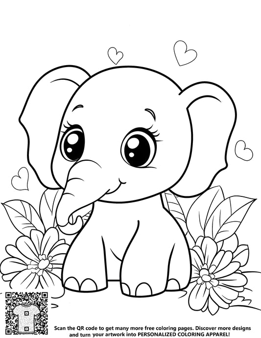 FREE Baby Elephant Coloring Page with Flowers and Hearts - Download NOW