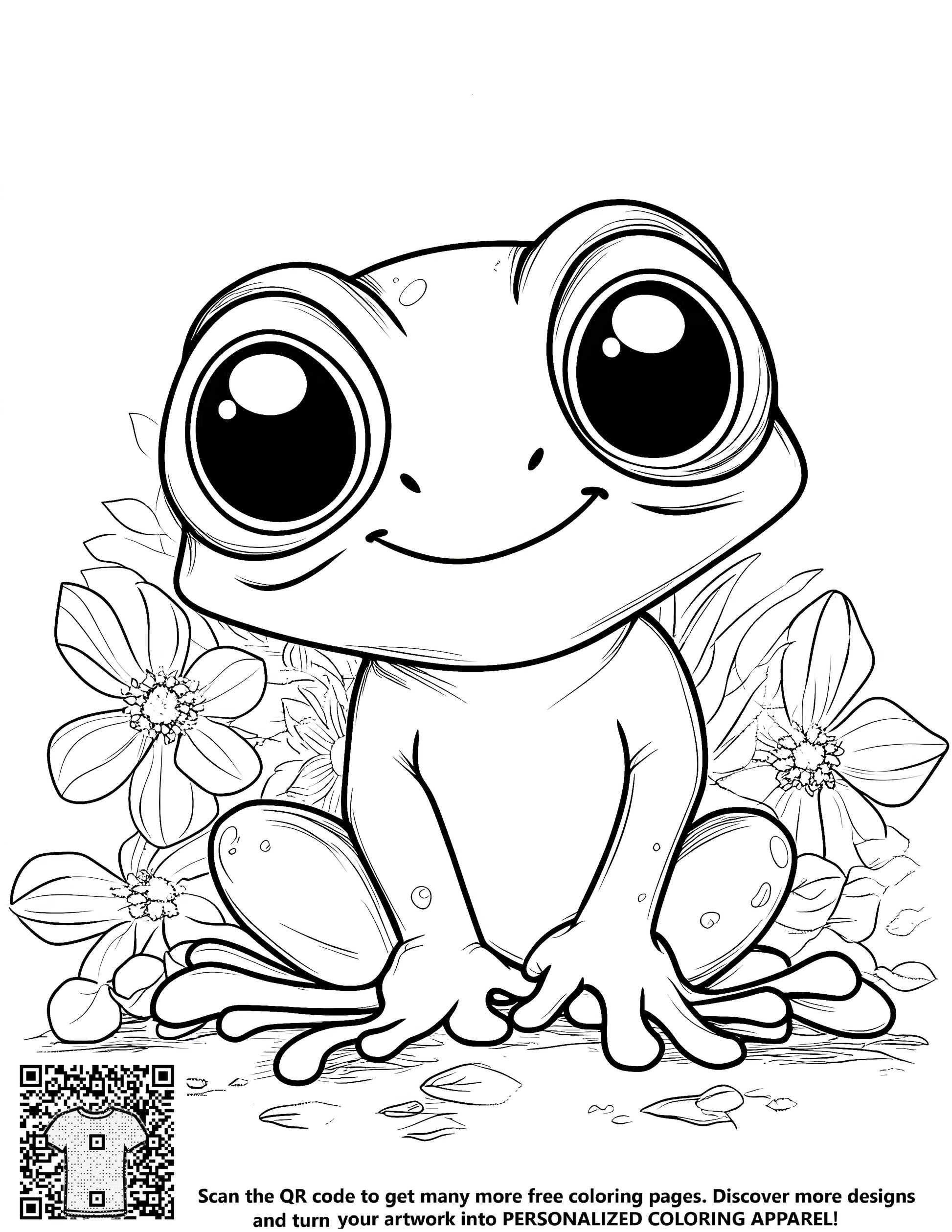 Coloring page of cute frogs and colorful flowers