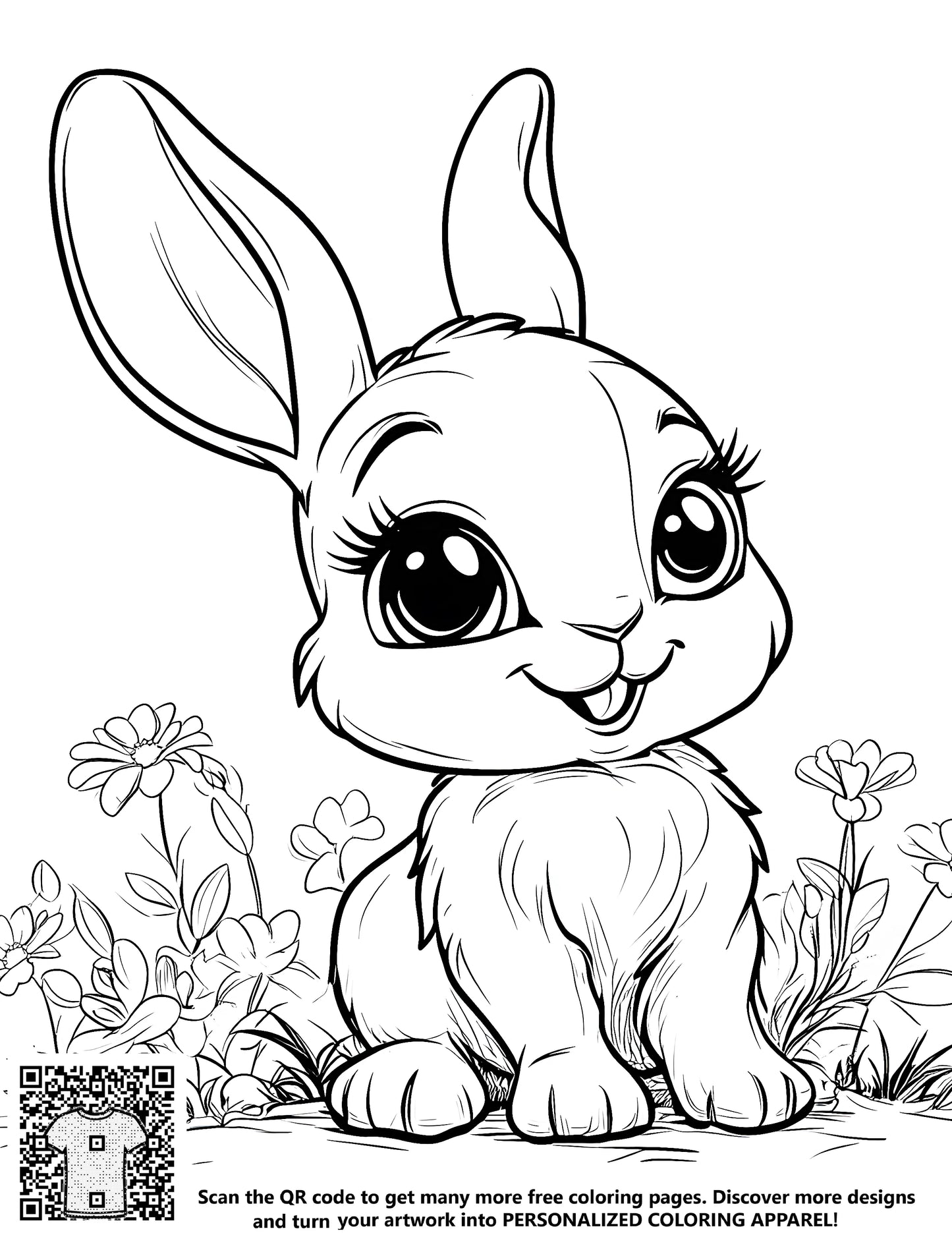 FREE Bunny Coloring Page - Adorable Cartoon Bunny Among Flowers - Printable Download