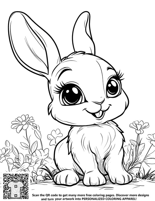 FREE Bunny Coloring Page - Adorable Cartoon Bunny Among Flowers - Printable Download