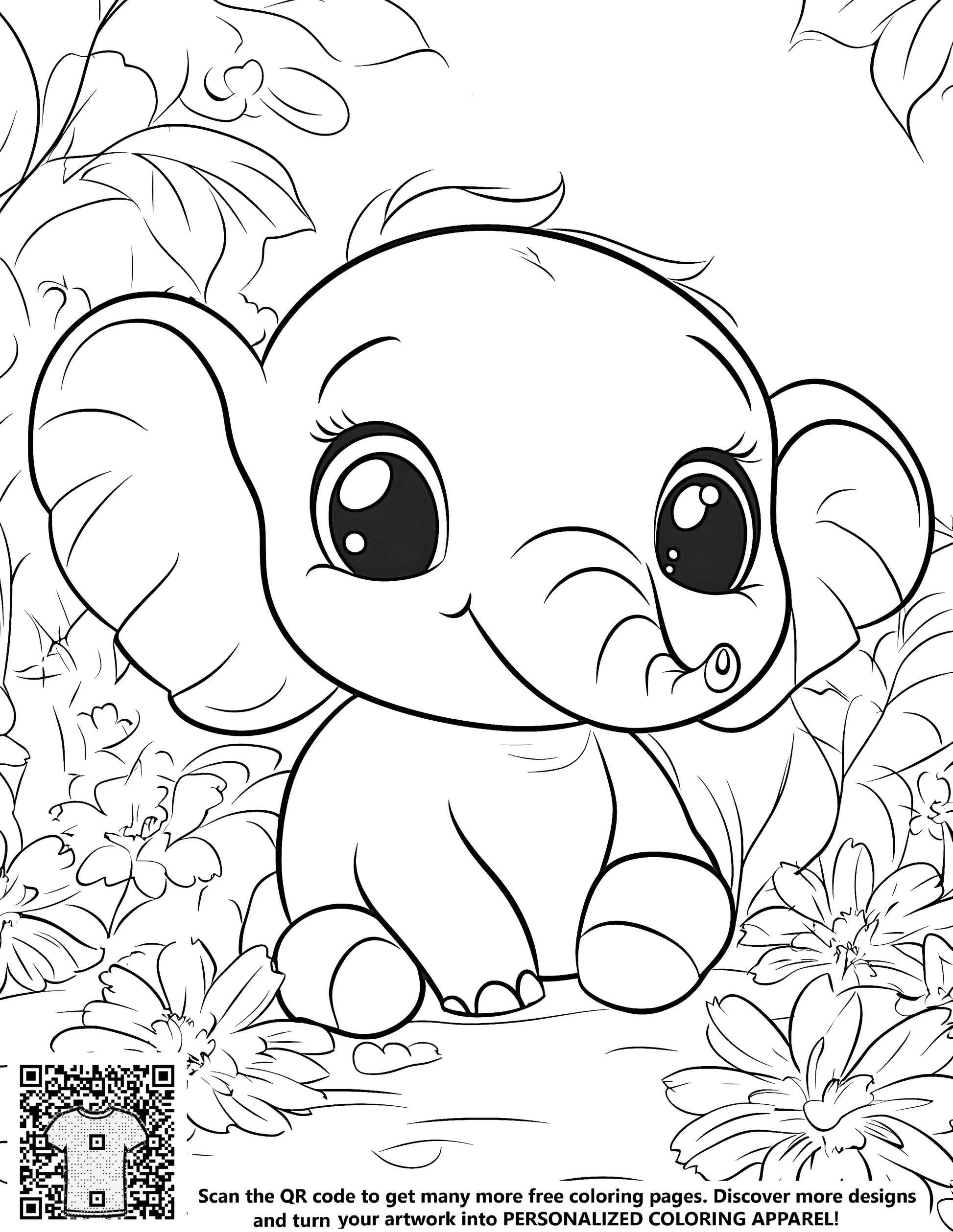 A cute baby elephant sitting among flowers in a jungle setting for kids to color