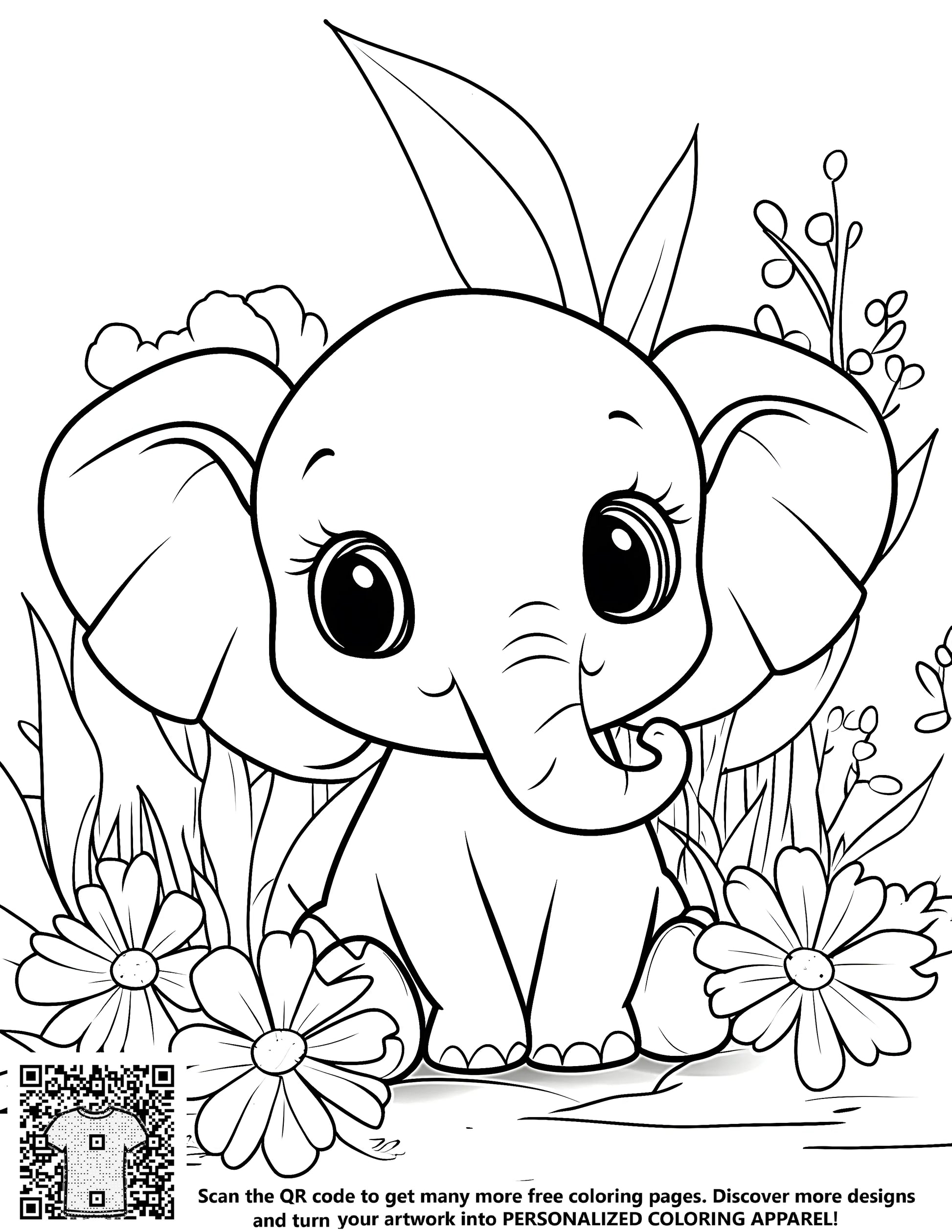 Cute baby elephant coloring page illustration with flowers and jungle plants - fabric markers included