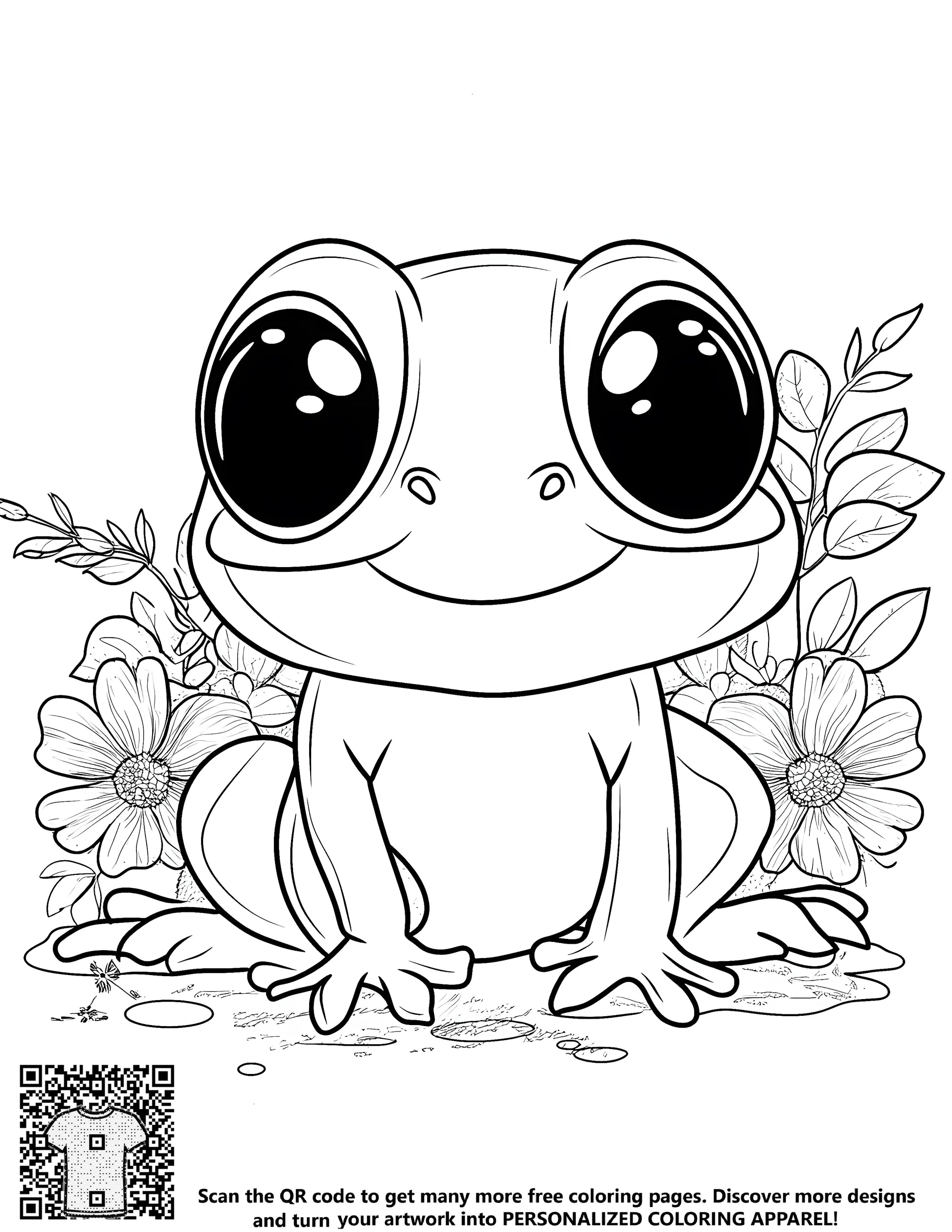 Coloring page of a frog sitting among flowers and leaves, free coloring kit with 10 fabric markers