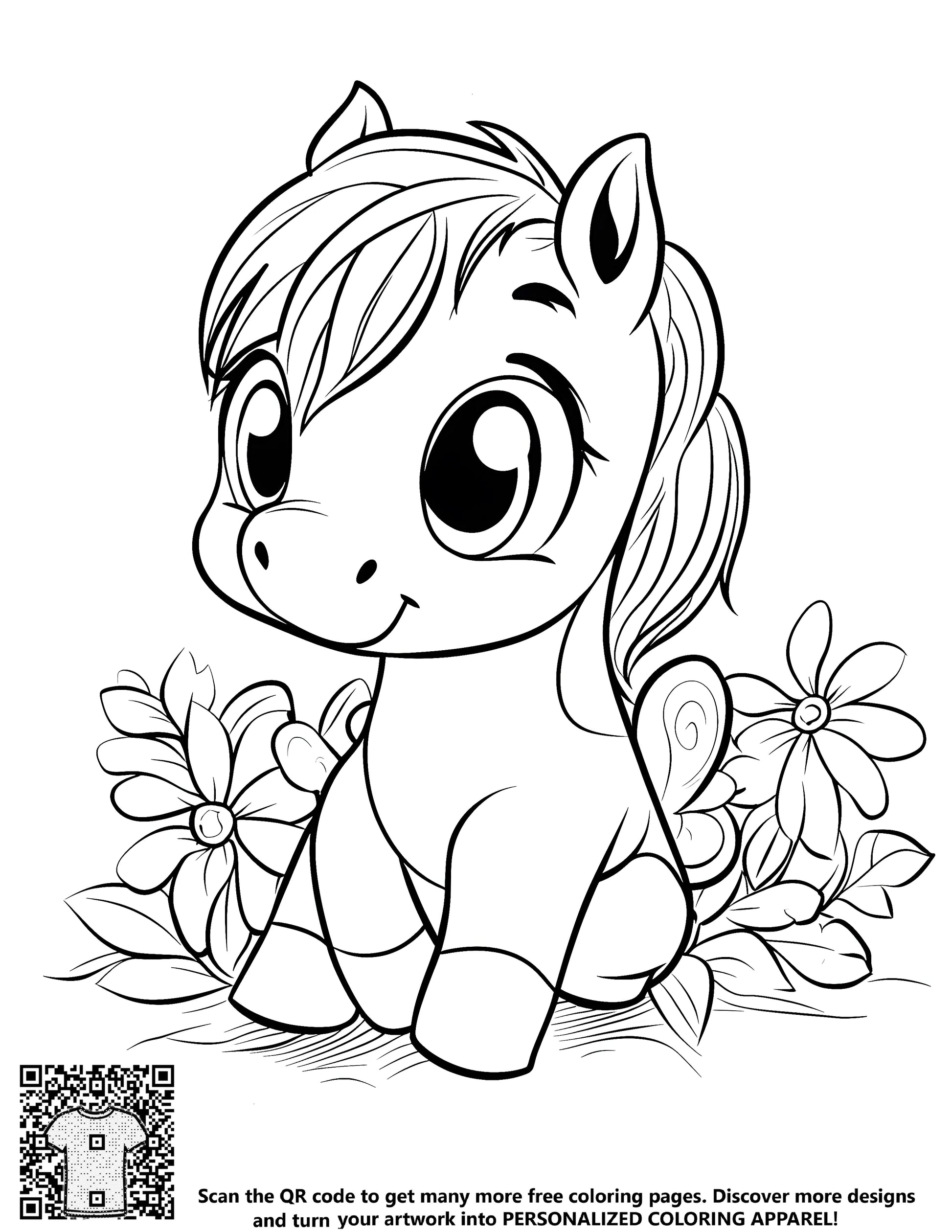 Line drawing of adorable pony face with big eyes and smile, surrounded by colorful flowers, suitable for coloring page