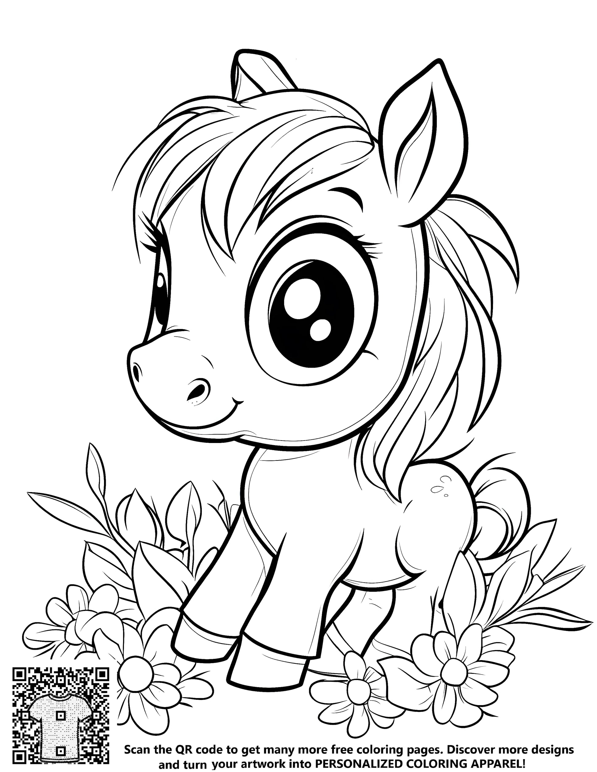 Free coloring page of a cute pony design with big eyes standing among flowers, perfect for kids and adults alike. Includes fabric markers.