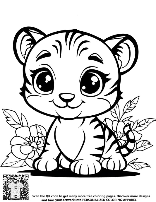 FREE Baby Tiger Coloring Page - Cute Cartoon with Flowers - Download NOW