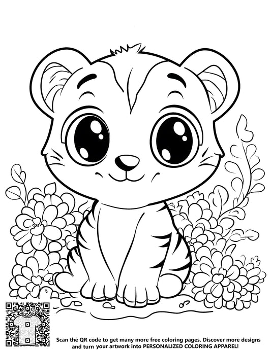 FREE Baby Tiger Coloring Page - Adorable Big-Eyed Cub Among Flowers - Printable Download