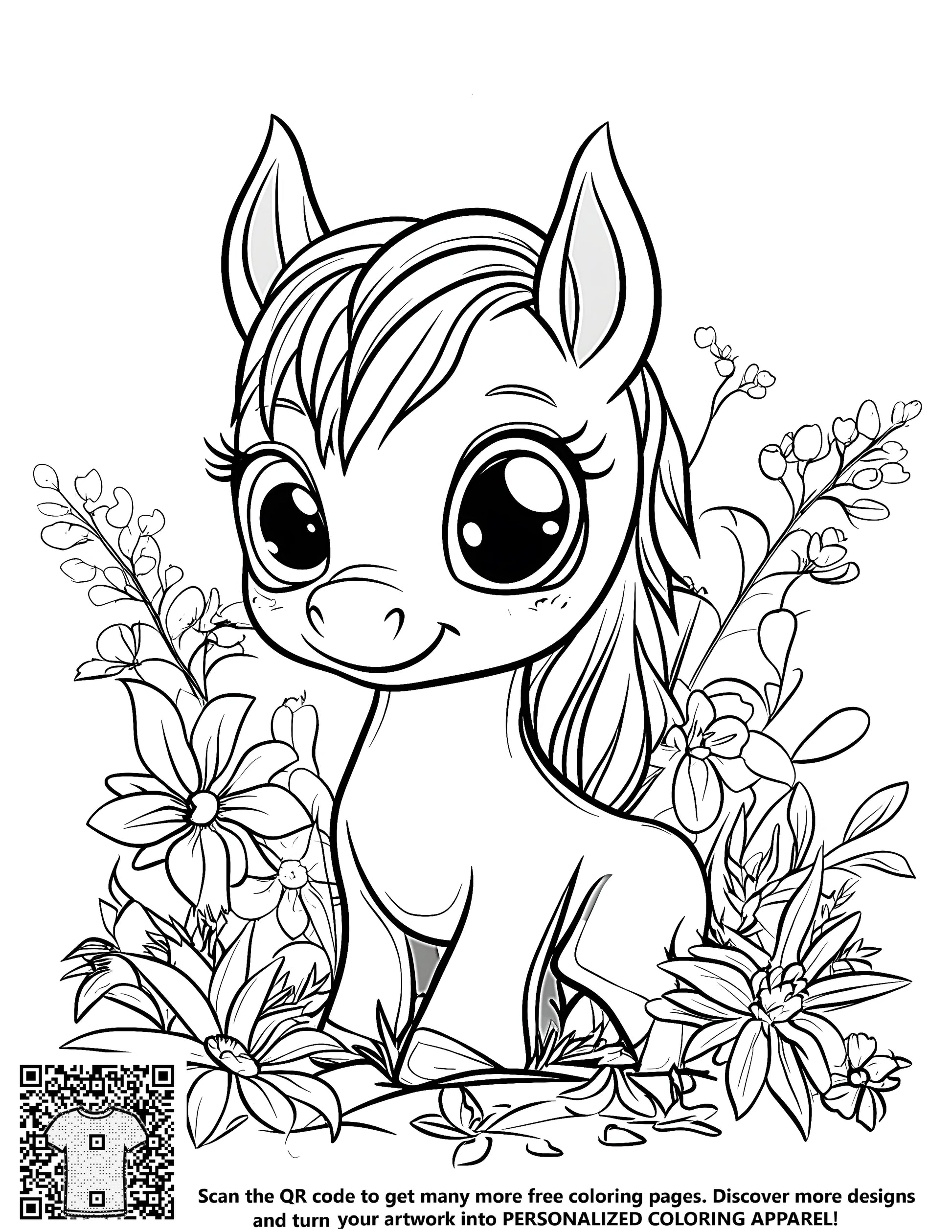 Illustration of cute pony among flowers for coloring page