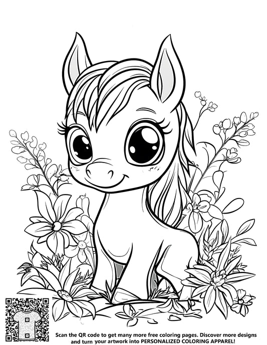 FREE Cute Pony Coloring Page with Blooming Flowers - Download NOW