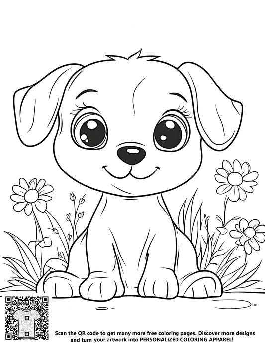 FREE Happy Puppy with Flowers Coloring Page - Download NOW