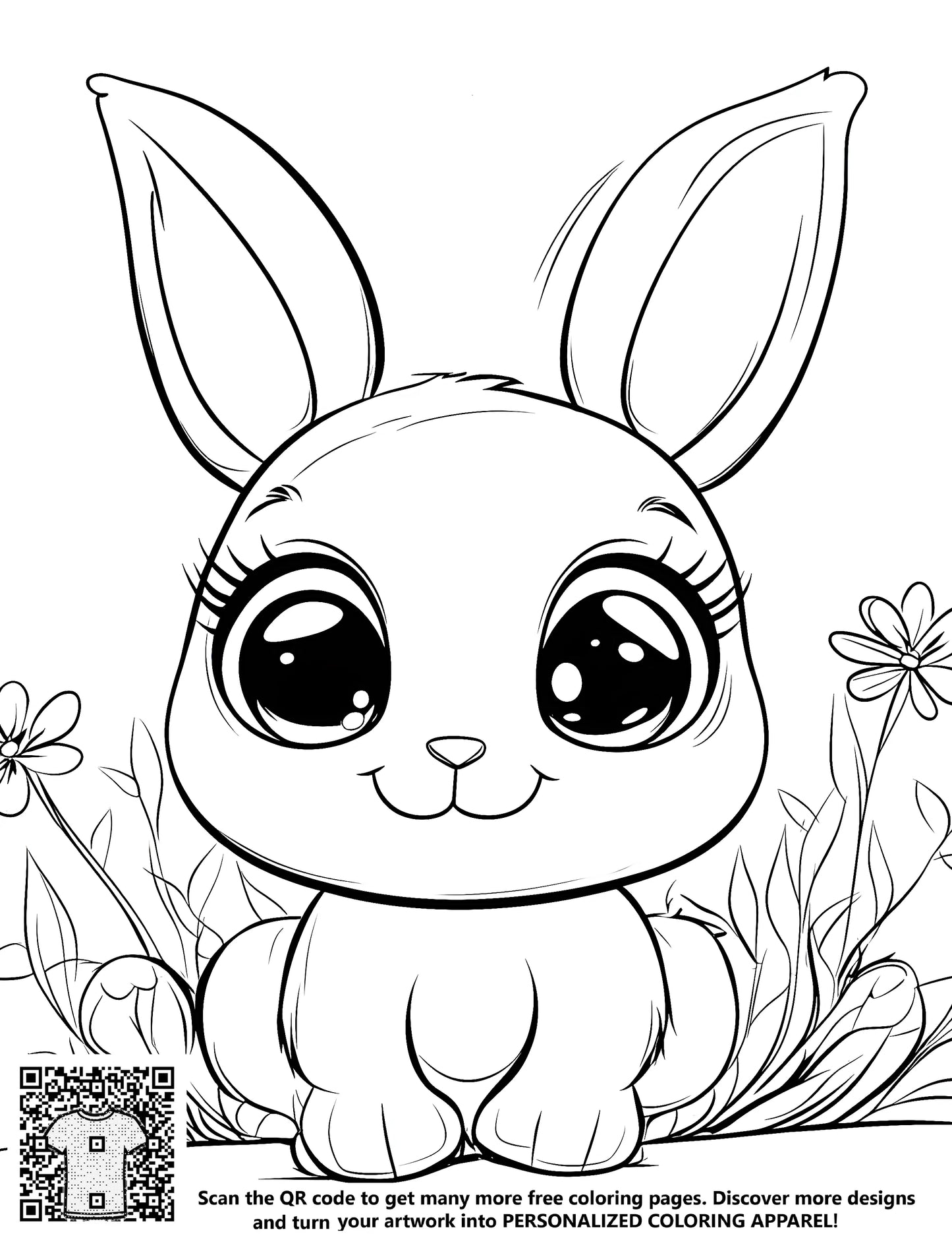 FREE Bunny Coloring Page - Cute Bunny with Flowers - Printable Download