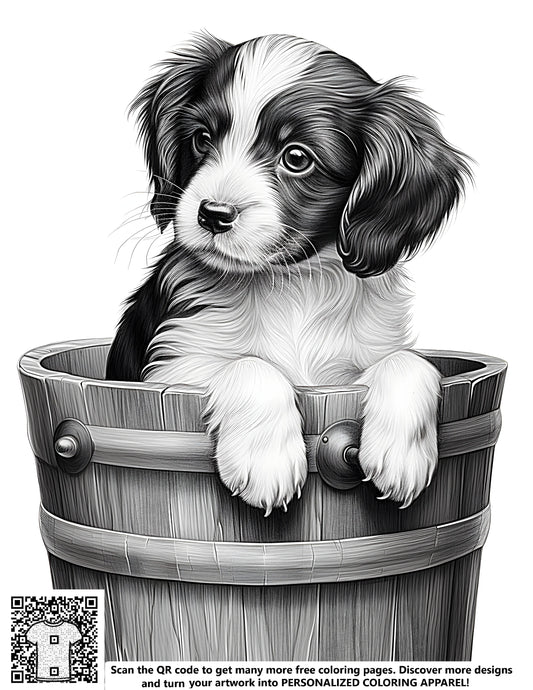 A free coloring page featuring an adorable puppy hanging out of a wooden bucket, perfect for kids and adults alike. Includes 10 fabric markers for a fun coloring experience.