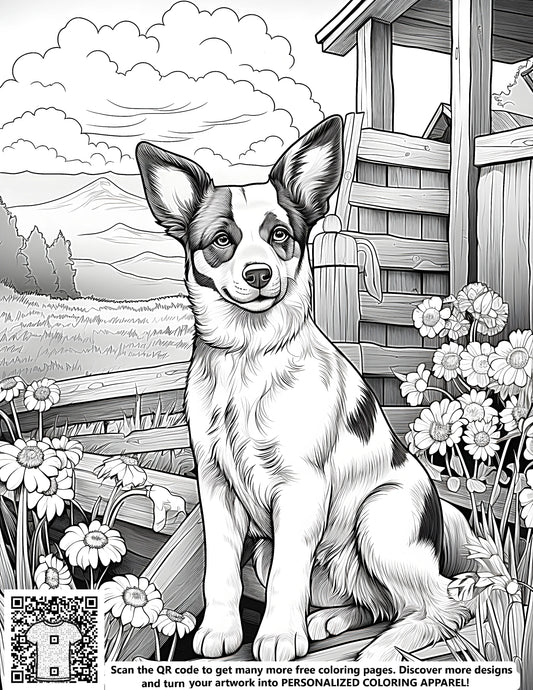 FREE Dog and Flowers Coloring Page - Scenic Countryside Background Printable