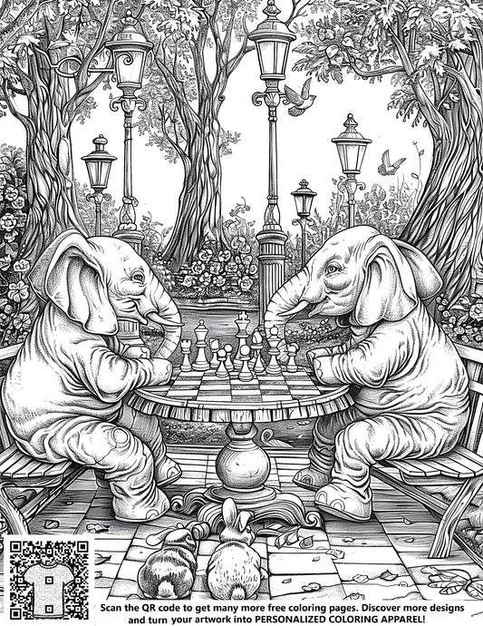 FREE Coloring Page - Two Elephants Playing Chess in a Forest - Download NOW