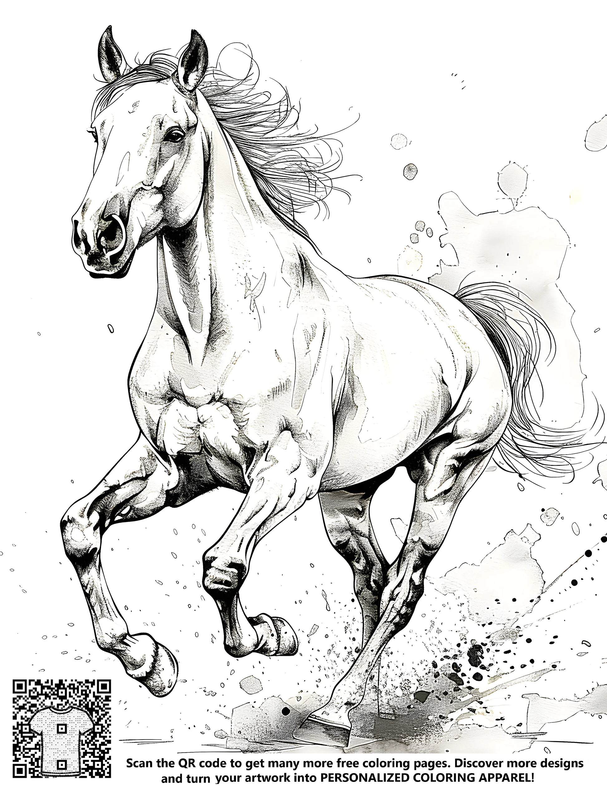 Free coloring page kit with horse designs for adults and kids, featuring a galloping equine art, detailed mane and muscles, perfect for relaxation and creativity