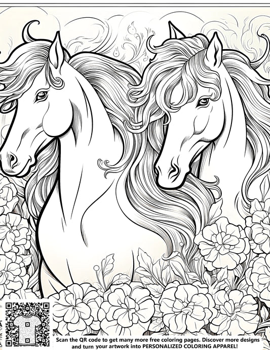 FREE Horse Coloring Page - Intricate Line Drawing with Flowers - Download NOW