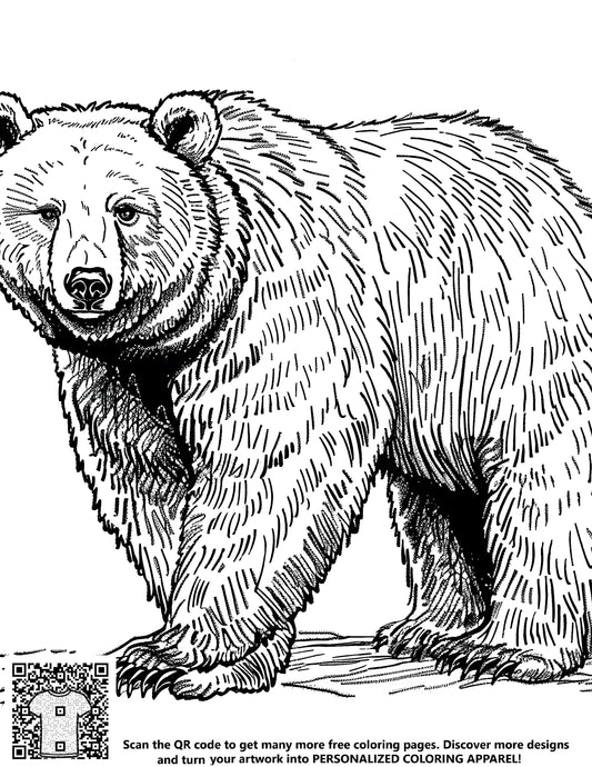 FREE Grizzly Bear Coloring Page - Detailed Black and White Sketch - Download NOW