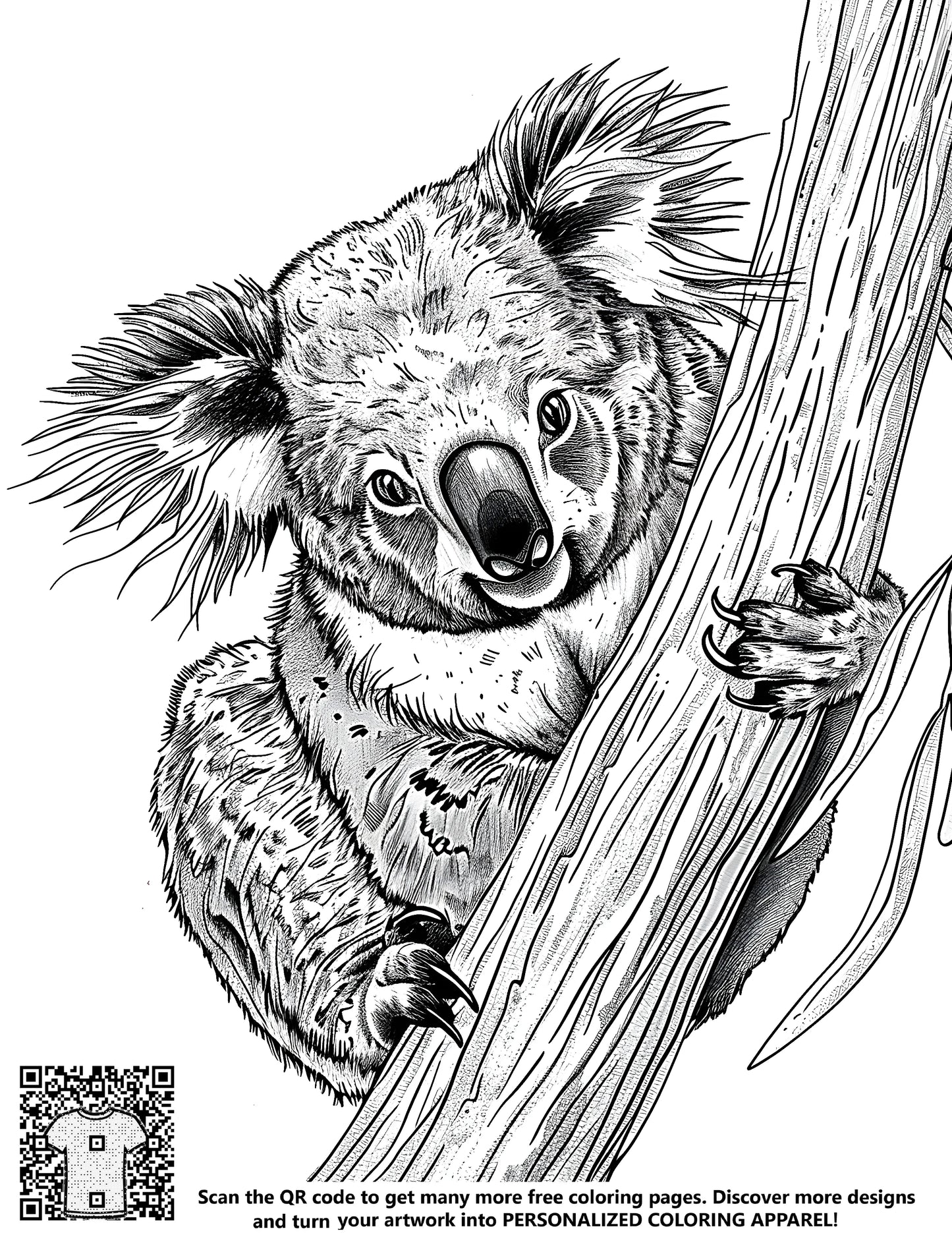 A free coloring page featuring a detailed black and white illustration of a koala, marsupial, or Australian native animal clinging to a tree branch. Perfect for kids and adults alike.