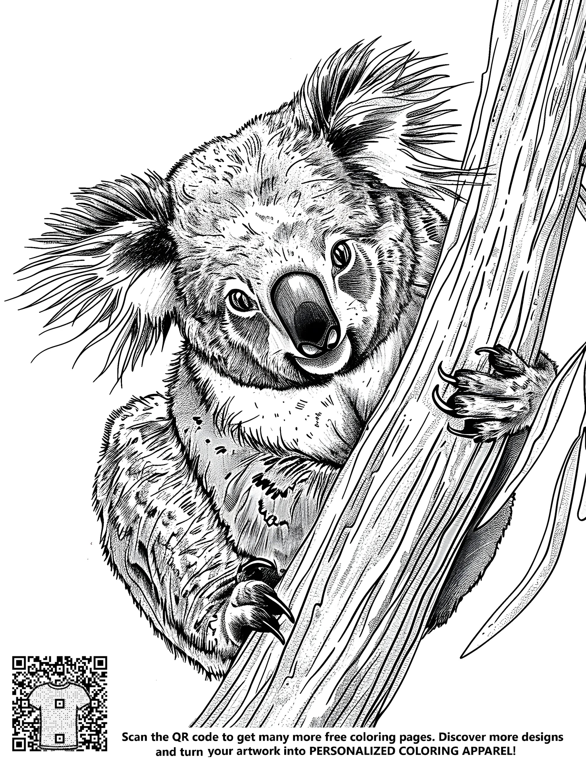 A free coloring page featuring a detailed black and white illustration of a koala, marsupial, or Australian native animal clinging to a tree branch. Perfect for kids and adults alike.