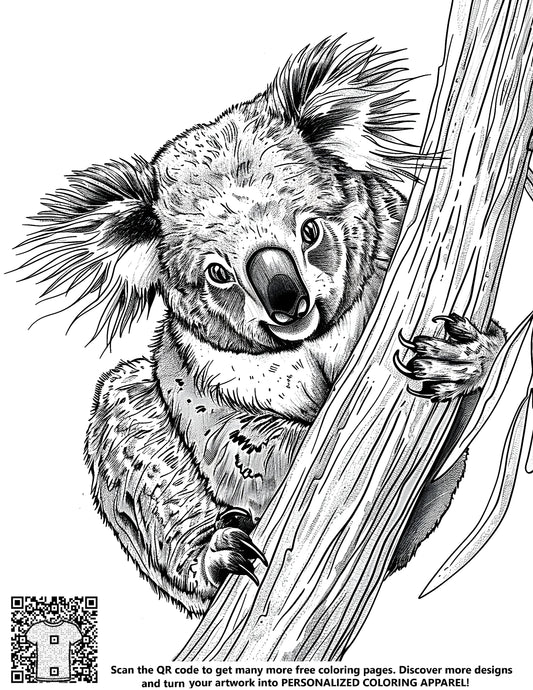 FREE Koala Coloring Page - Printable Black and White Illustration Download