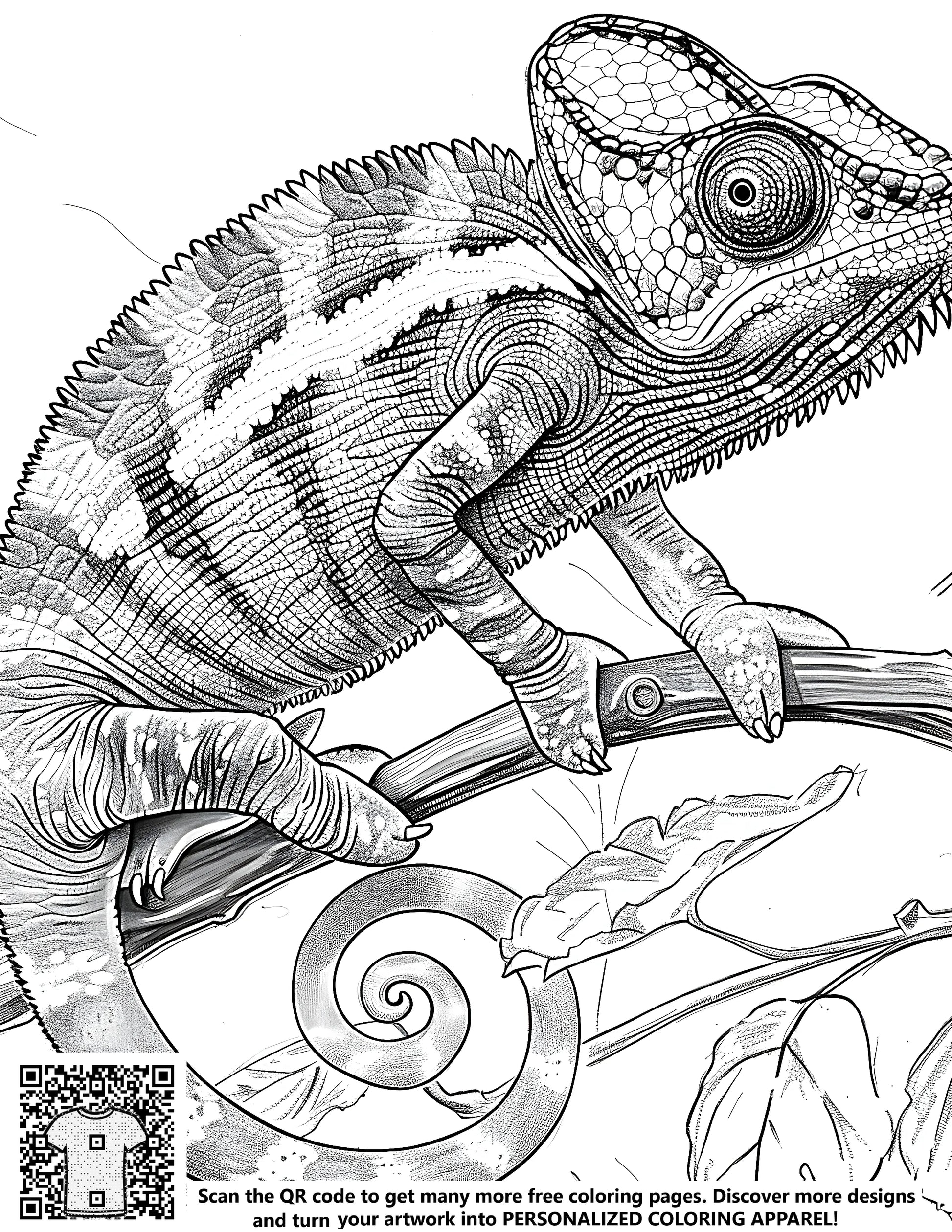 Coloring book page illustration of a chameleon, lizard, green iguana, or colorful dragon perched on a branch with curled tail and textured body. Perfect for free coloring pages.