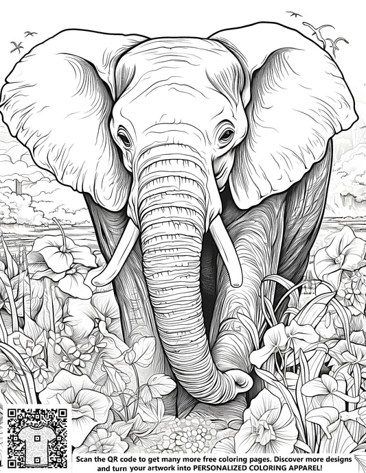 FREE Elephant Coloring Page in Nature with Flowers and Birds - Download NOW