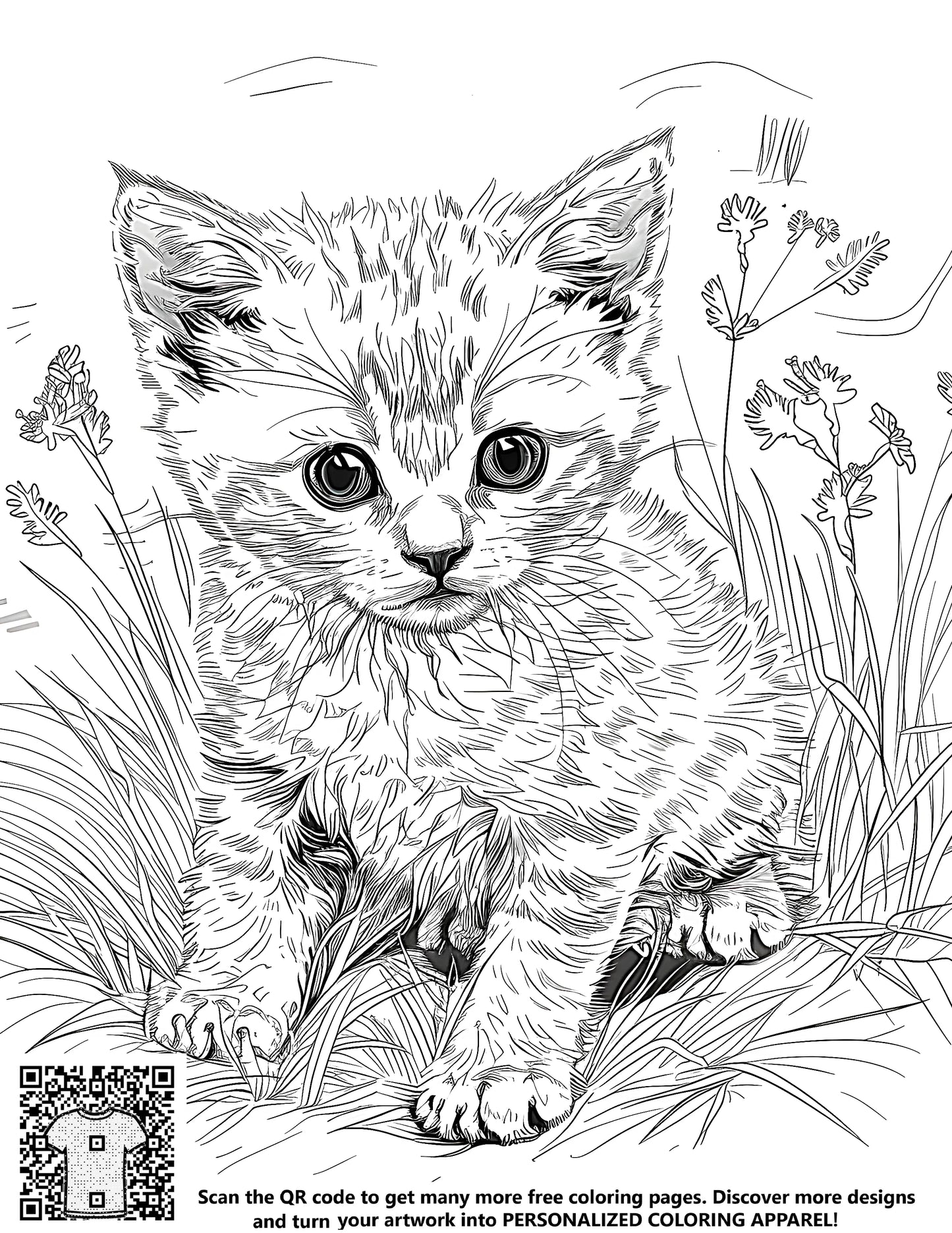 Cute cartoon cat sitting in green grass with colorful flowers, free coloring page illustration