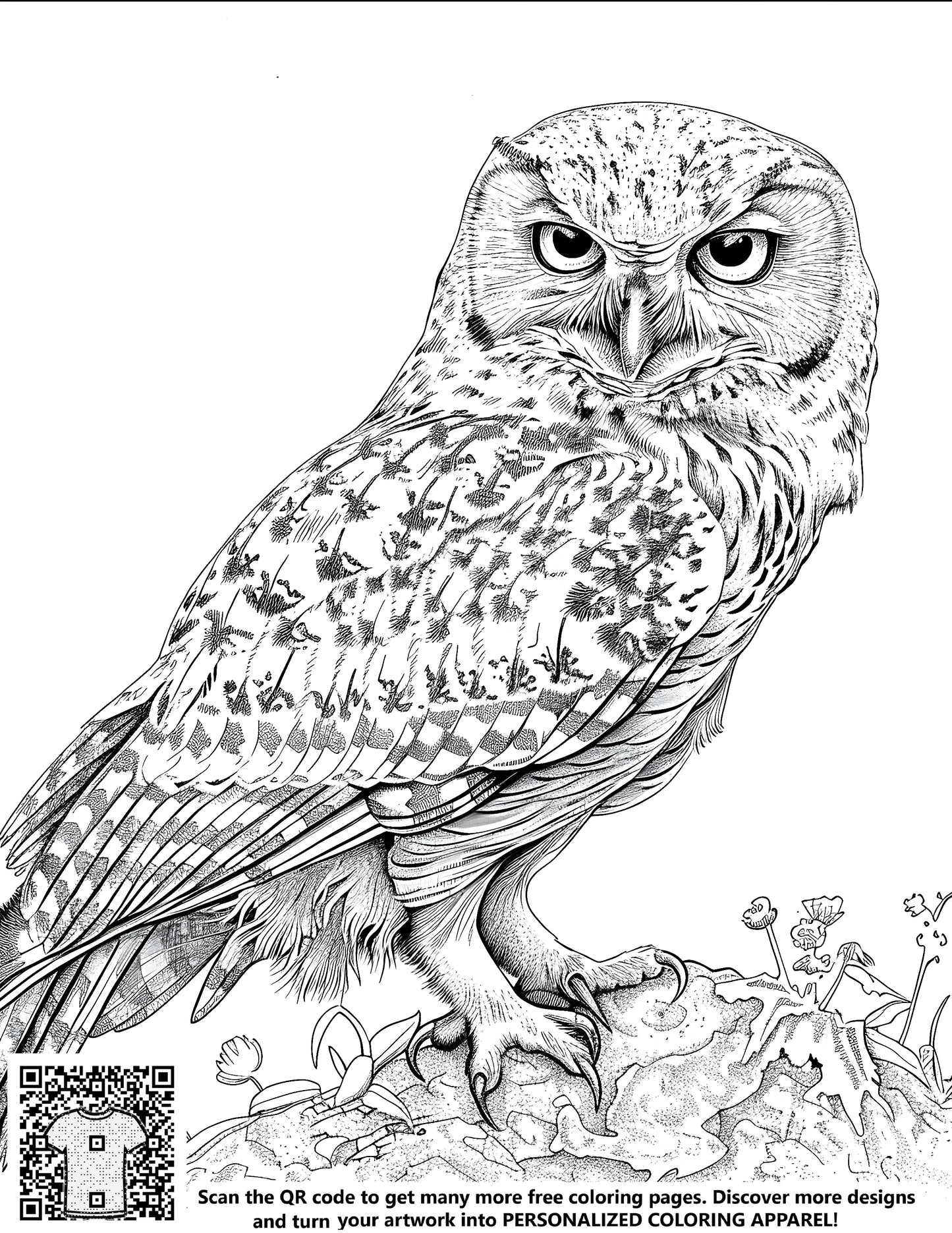 Free coloring page with a detailed black and white sketch of an owl perched on a rocky surface surrounded by plants. Perfect for adult coloring books or kids' creative expression.