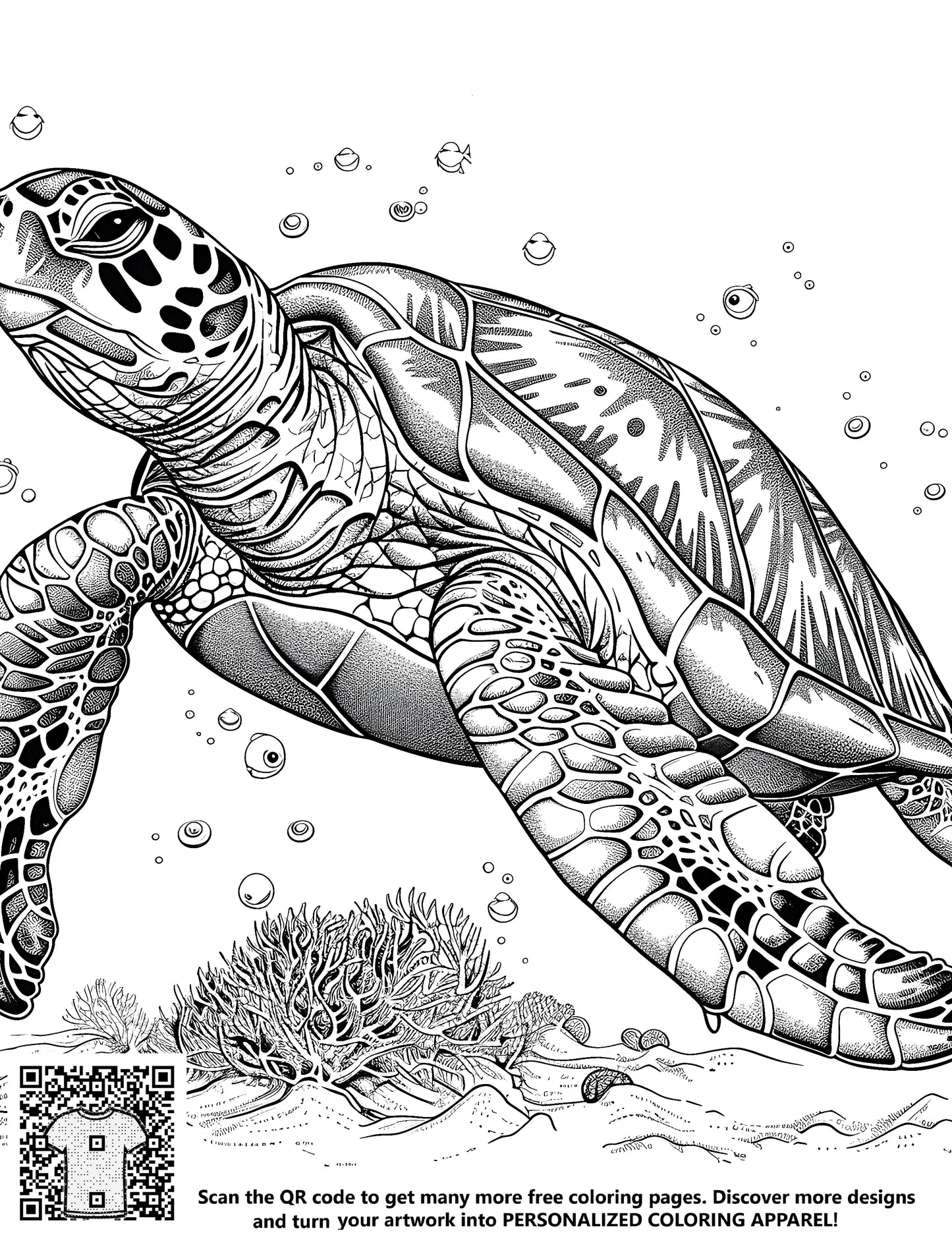 Free coloring page kit with 10 fabric markers featuring an artistic sea turtle illustration with coral and bubbles design