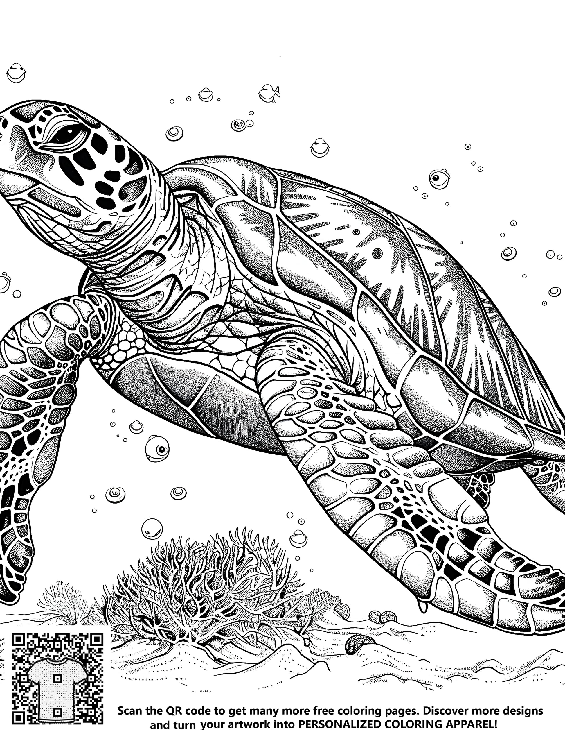 Free coloring page kit with 10 fabric markers featuring an artistic sea turtle illustration with coral and bubbles design