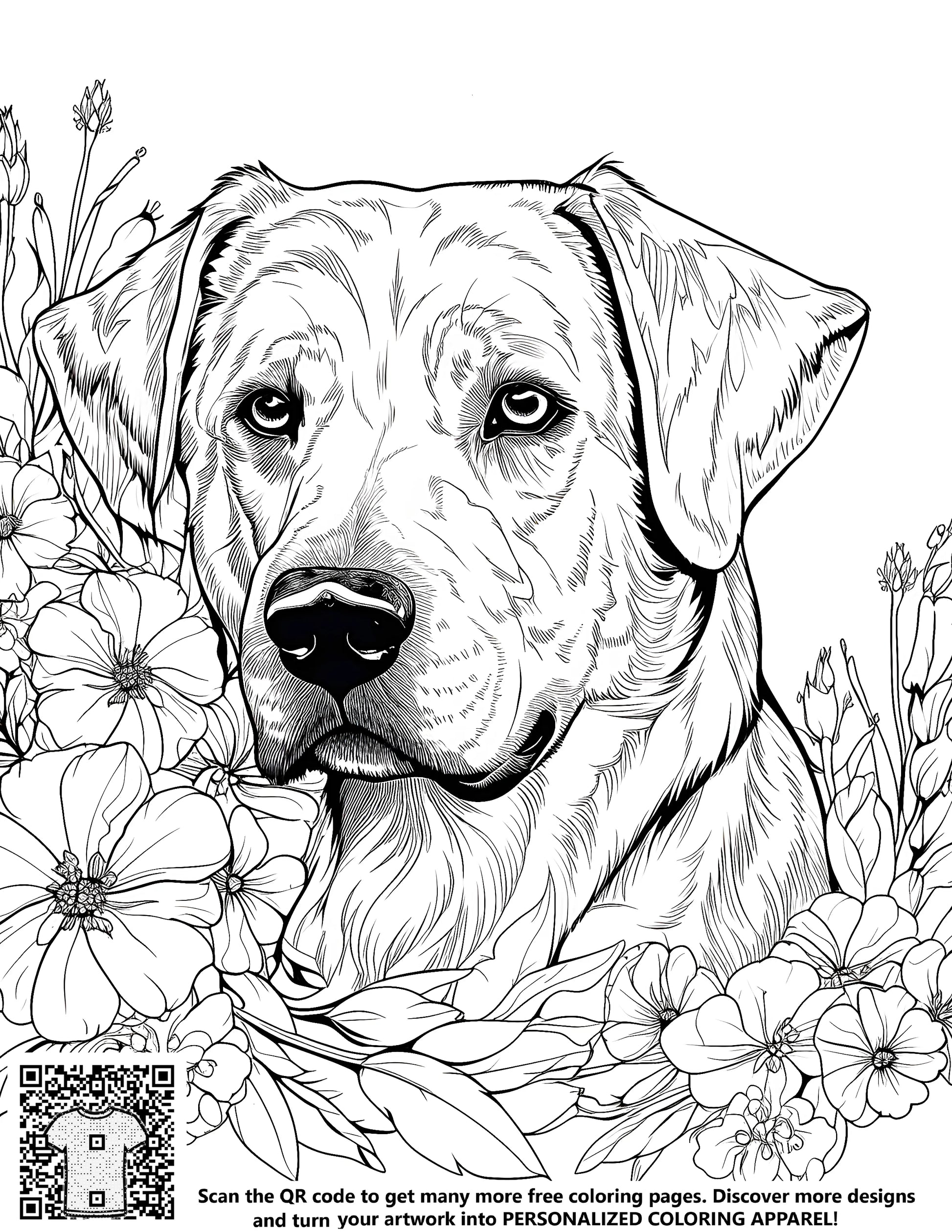 Coloring page featuring detailed line art of dog's head amidst vibrant flowers and foliage. Includes 10 fabric markers for creativity.
