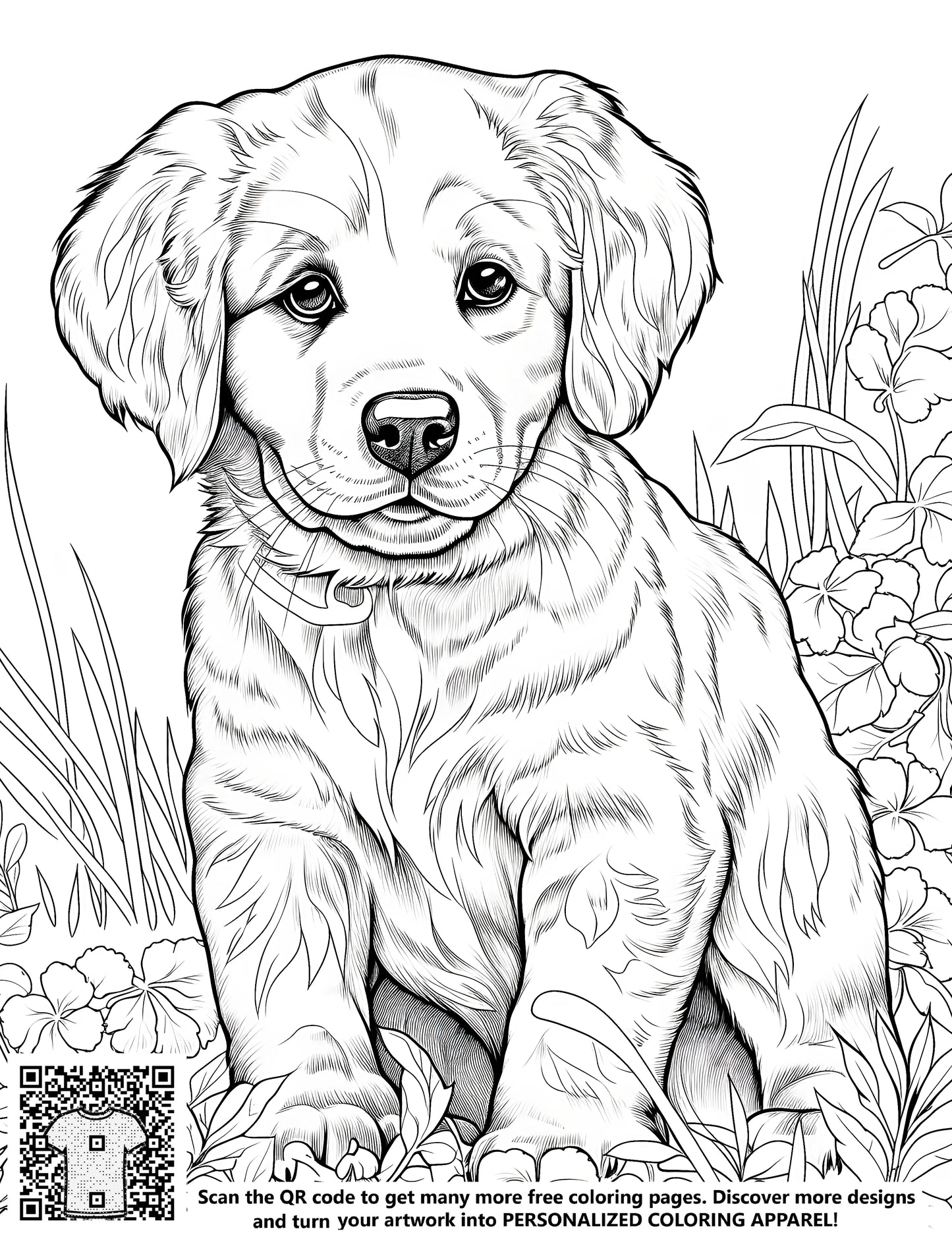 A free coloring page featuring a cute puppy sitting in a garden surrounded by flowers and plants, perfect for kids and adults alike. Includes synonyms: dog, canine, animal lover, pet, furry friend.