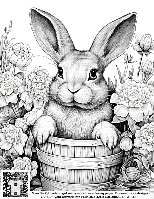 FREE Bunny in a Bucket with Flowers Coloring Page - Printable Spring Theme Download