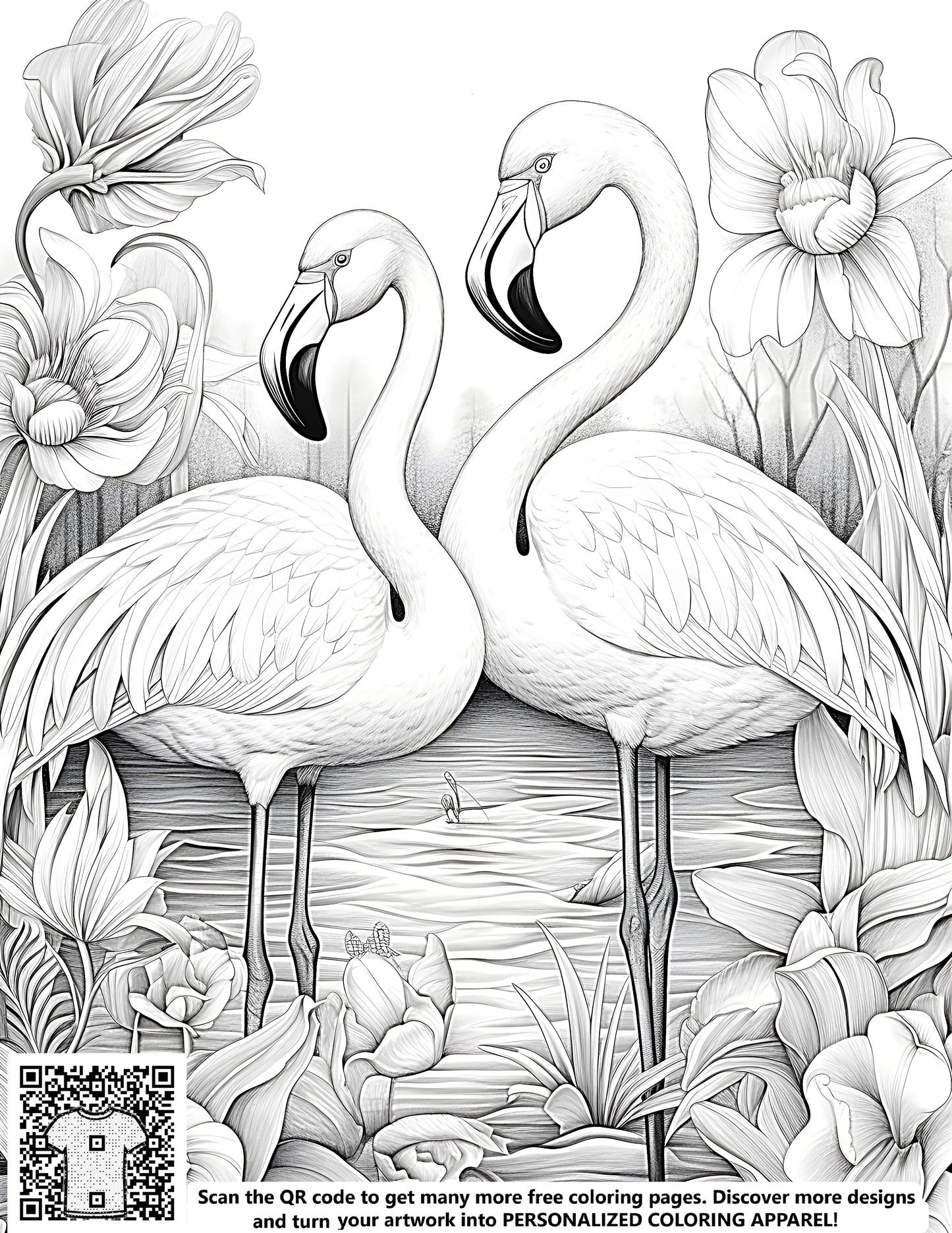 Free coloring page of pink flamingos, birds, avian art, and detailed flowers
