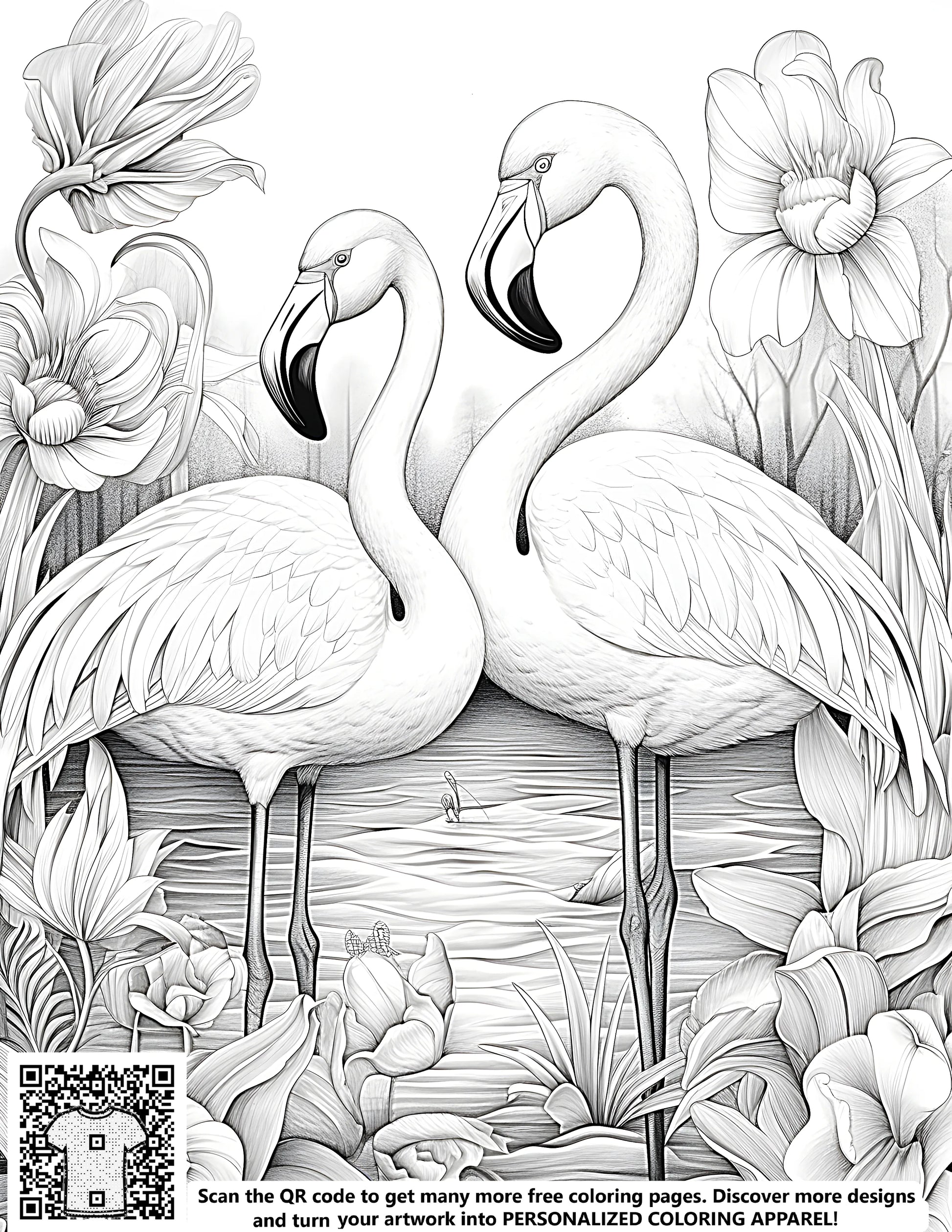 Free coloring page of pink flamingos, birds, avian art, and detailed flowers