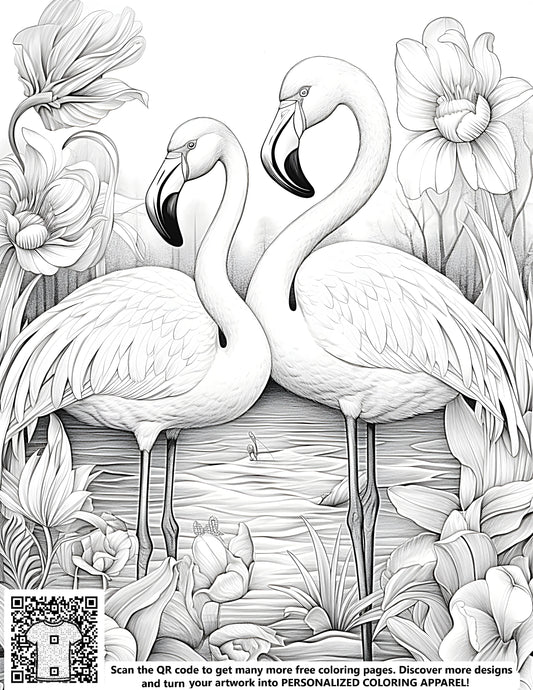 FREE Flamingo Pond Coloring Page - Graceful Flamingos & Detailed Flowers Printable