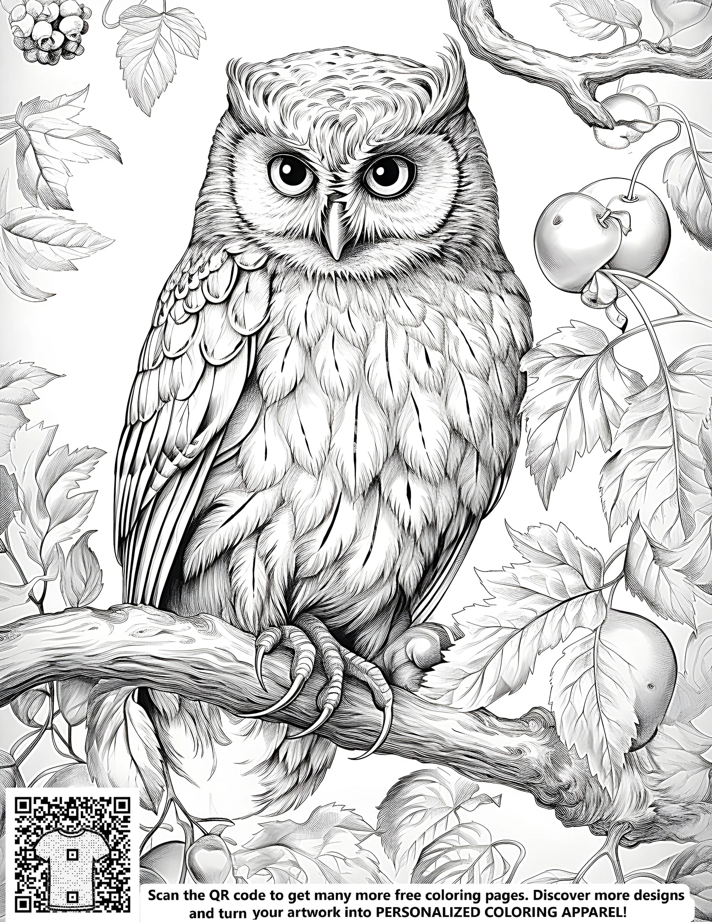 Free coloring page kit with owl design, featuring a detailed black and white illustration of an owl perched on a branch surrounded by leaves and fruits. Includes fabric markers