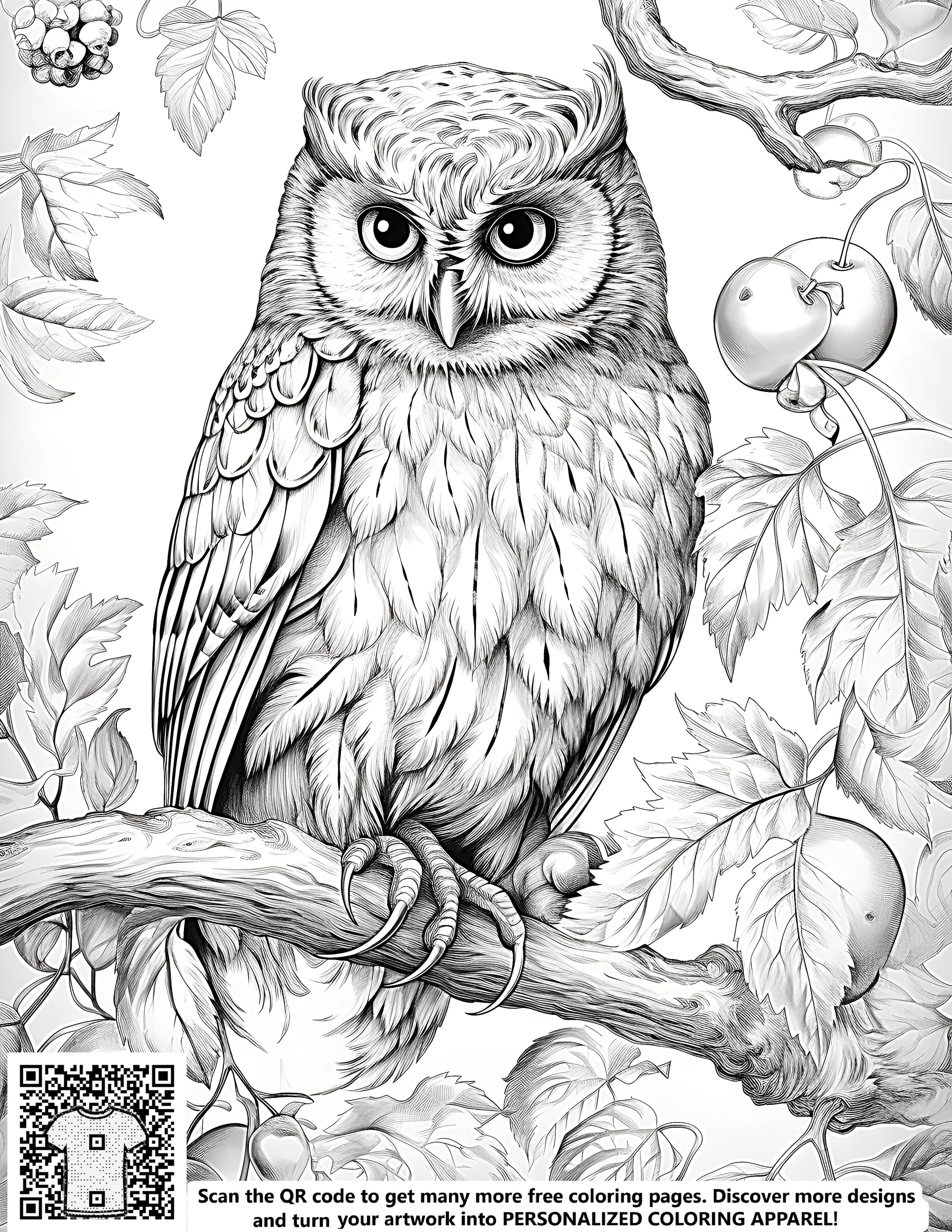Free coloring page kit with owl design, featuring a detailed black and white illustration of an owl perched on a branch surrounded by leaves and fruits. Includes fabric markers